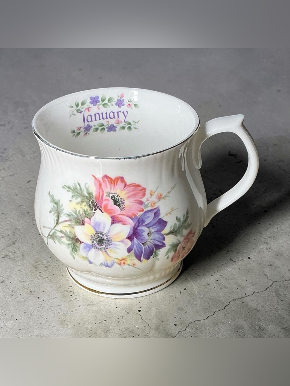 Vintage January Monthly Flower Fine Bone China Mug Taiwan Floral Coffee Tea Cup